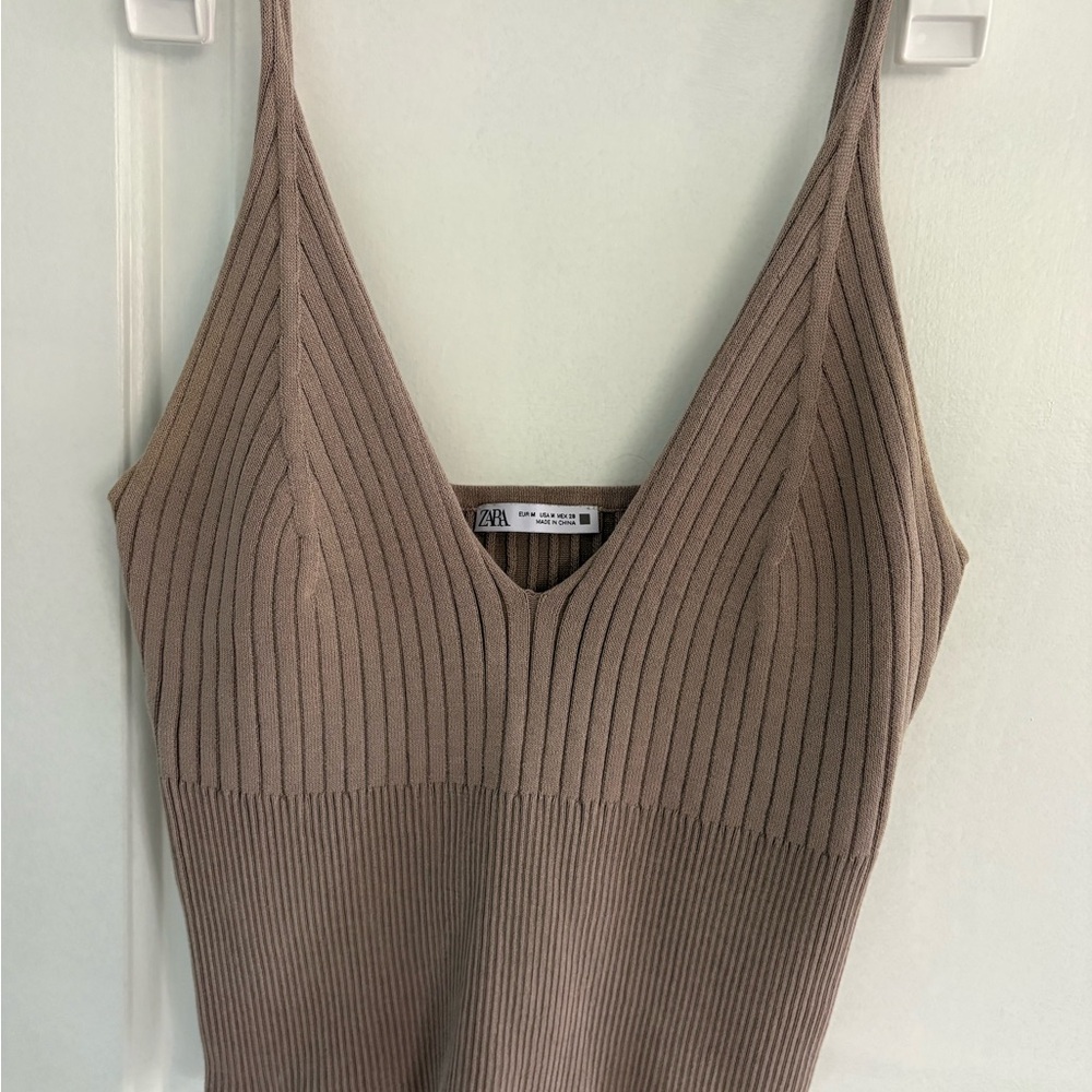 Zara Ribbed V-Neck Knit Tank - Taupe
